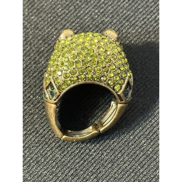 Chicos Owl Stretch Ring Size 7-9 Green Teal Rhinestone Gold Tone Statement - Picture 3 of 6